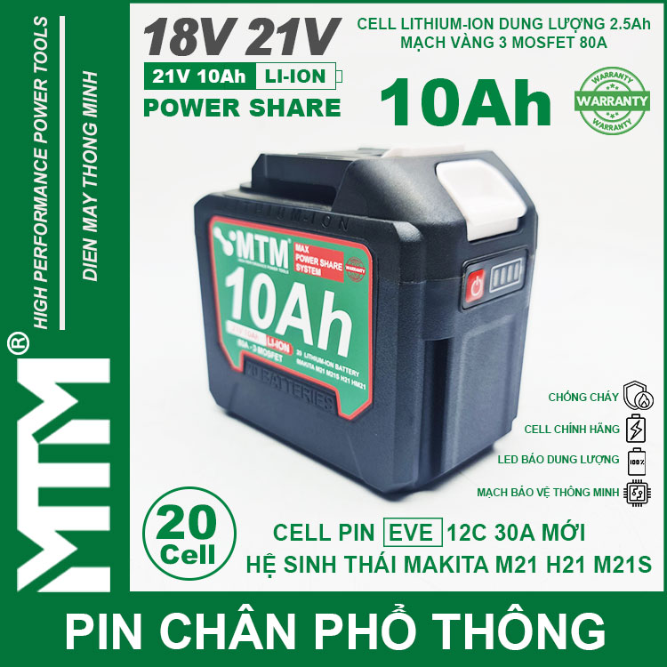Pin May Khoan Bat Vit Makita 21v 10ah 20 Cell EVE 2500 Chinh Hang