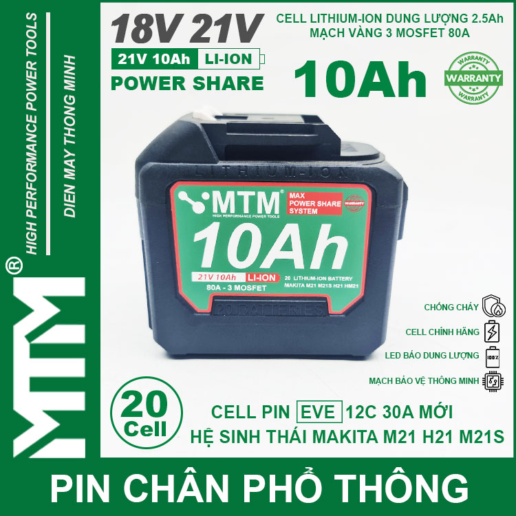 Gia Pin May Khoan Bat Vit Makita 21v 10ah 20 Cell EVE 2500 Chinh Hang