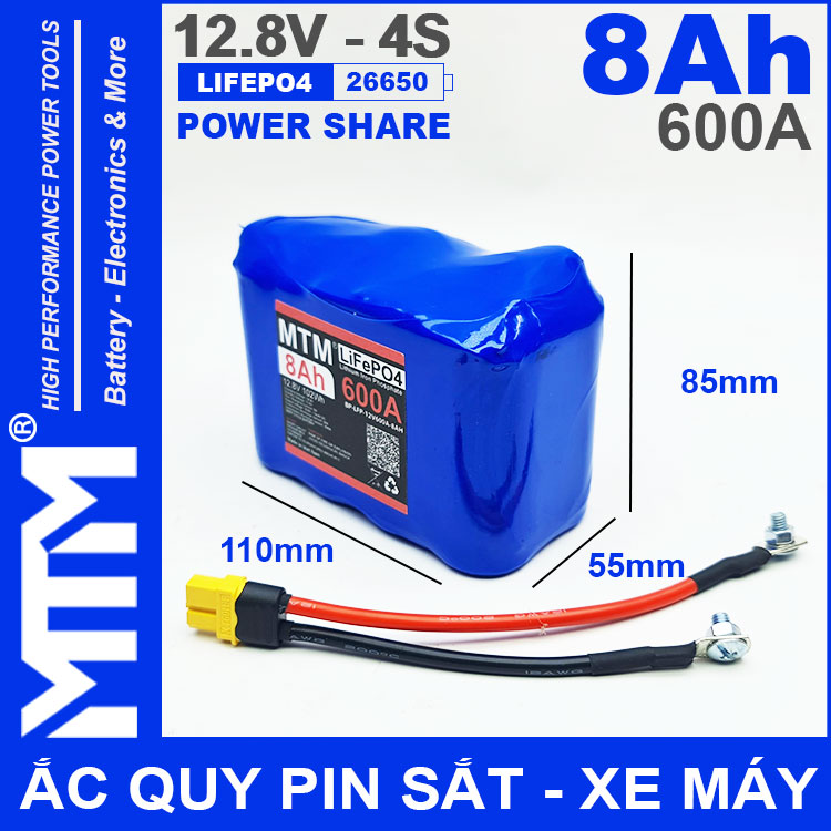 Ac Quy Pin Kich Khoi Dong Xe May 12V 540A 8Ah Jack XT60 MTM Kich Thuoc