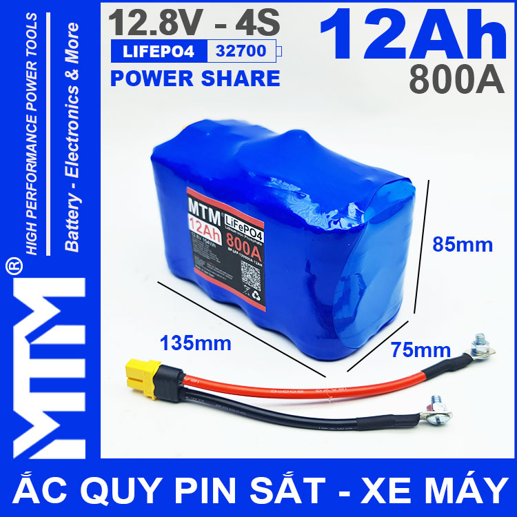 Ac Quy Pin Kich Khoi Dong Xe May 12V 640A 12Ah Jack XT60 MTM Kich Thuoc
