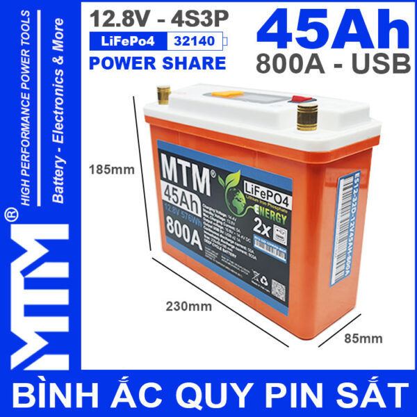 Binh Ac Quy Pin Sat 12V 45Ah 4S3P 32140 800A Kich Thuoc