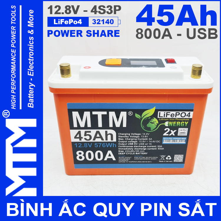 Binh Ac Quy Pin Sat 12V 45Ah 4S3P 32140 800A