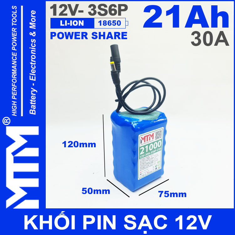 Pin 12V 30A 3S6P 18650 21Ah MTM Kich Thuoc
