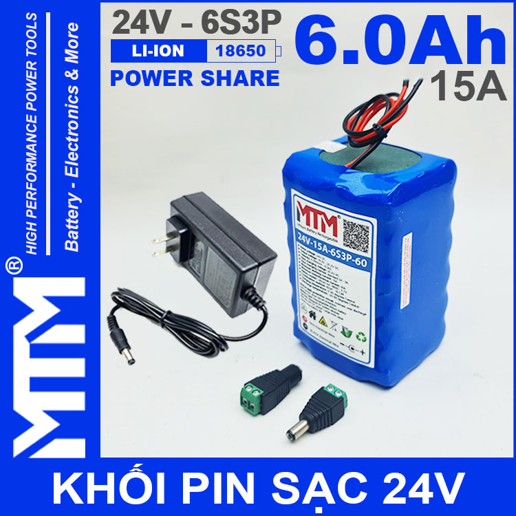 Pin 24V 6Ah 15A 6S2P 18650 MTM 6000mah Kem Sac