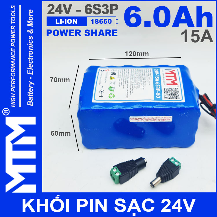 Pin 24V 6Ah 15A 6S2P 18650 MTM 6000mah Kich Thuoc