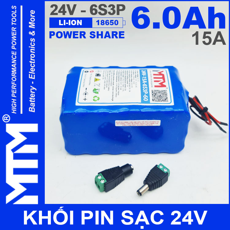 Gia Ban Pin 24V 6Ah 15A 6S2P 18650 MTM 6000mah