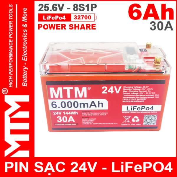 Pin Sat LiFePo4 24V 8S 6Ah 30A MTM Chinh Hang