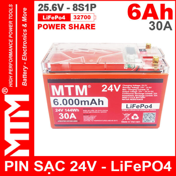 Pin Sat LiFePo4 24V 8S 6Ah 30A MTM Chong Nuoc